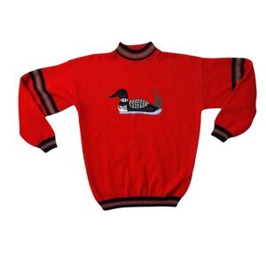 Winona Knits Vintage Loon Sweater Red Mock Neck Striped Trim USA Made Large